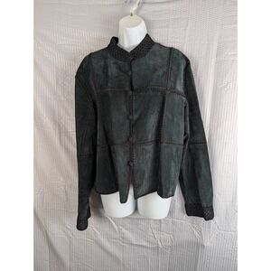 SMH Boutique Patchwork Suede Jacket Crochet Trim Gray Green Womens Large L